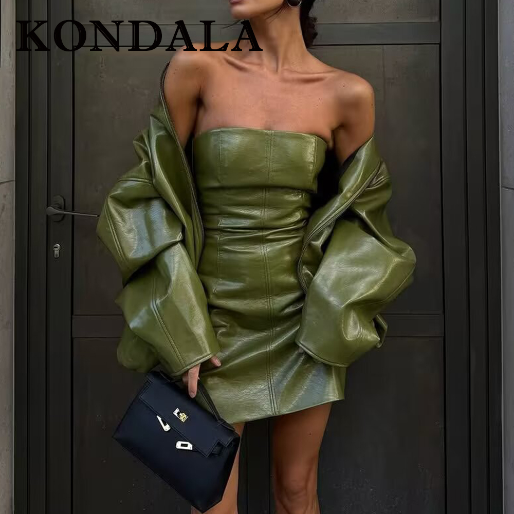 Fashion Street Night - KONDALA Chic Streetwear Grün PU Solide